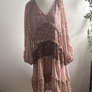 Chic Long Sleeve Layered Dress in Pink and Brown